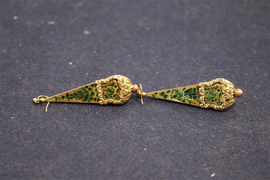 A pair of ornate 9ct gold and enamel tapering triangular drop earrings, 50mm.